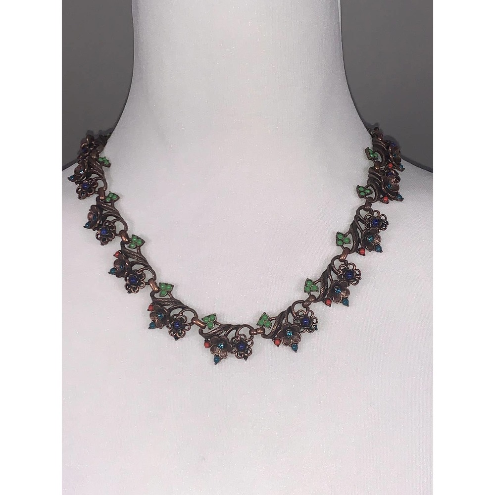 Vintage Ollipop Brushed Bronze Crystal Flower Vine Statement Necklace EUC